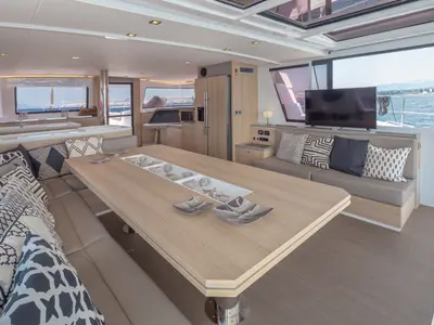 Salon of License to Chill (crewed), a Bali 5.4 catamaran at Athens, Greece