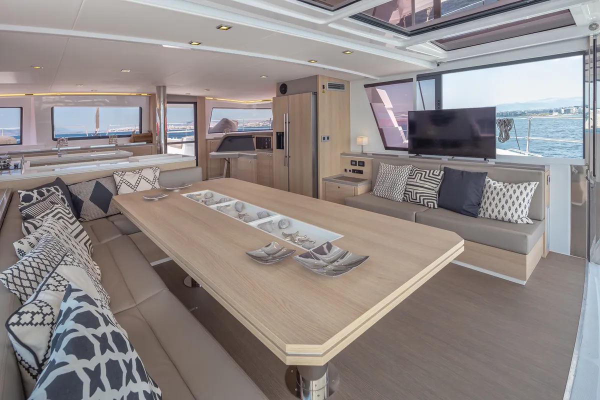 Salon of License to Chill (crewed), a Bali 5.4 catamaran at Athens, Greece