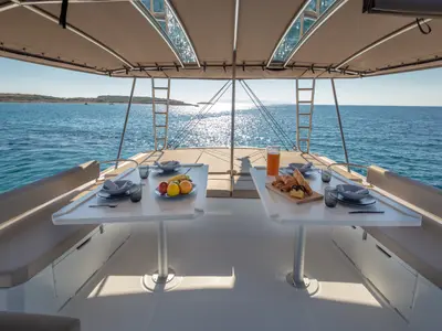 Deck of License to Chill (crewed), a Bali 5.4 catamaran at Athens, Greece