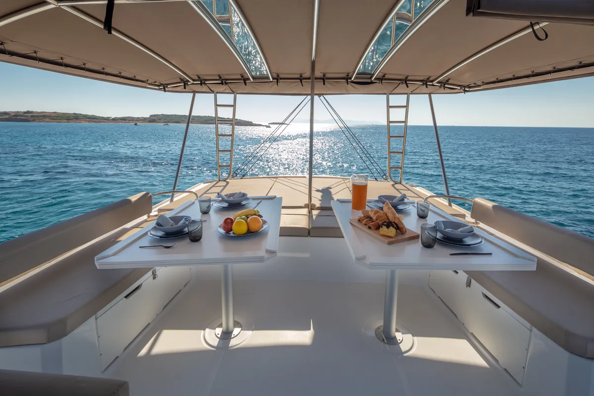 Deck of License to Chill (crewed), a Bali 5.4 catamaran at Athens, Greece