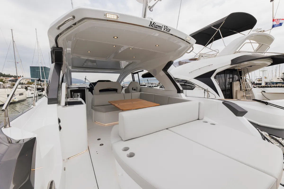 Deck of MIAMI VICE, a Beneteau Gran Turismo 41 motor yacht at Općina Rogoznica, Croatia