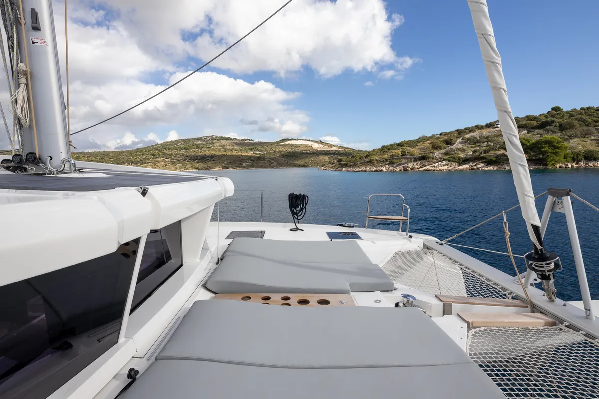 Deck of Cervetti 44, a catamaran at Primošten, Croatia