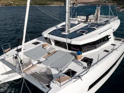 Deck of Cervetti 44, a catamaran at Primošten, Croatia