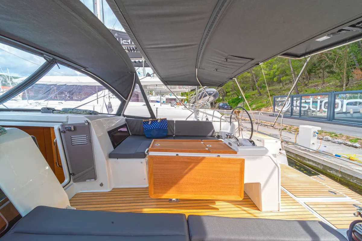 Deck of First Ride, a Jeanneau Sun Odyssey 490 sailboat at Skradin, Croatia