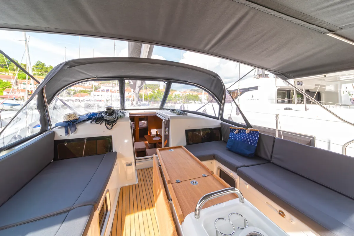 Deck of First Ride, a Jeanneau Sun Odyssey 490 sailboat at Skradin, Croatia