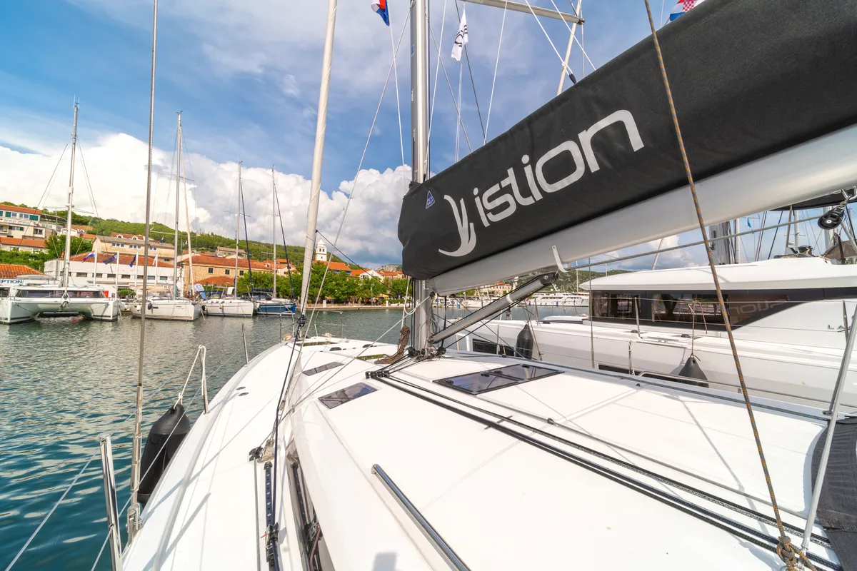 Deck of First Ride, a Jeanneau Sun Odyssey 490 sailboat at Skradin, Croatia