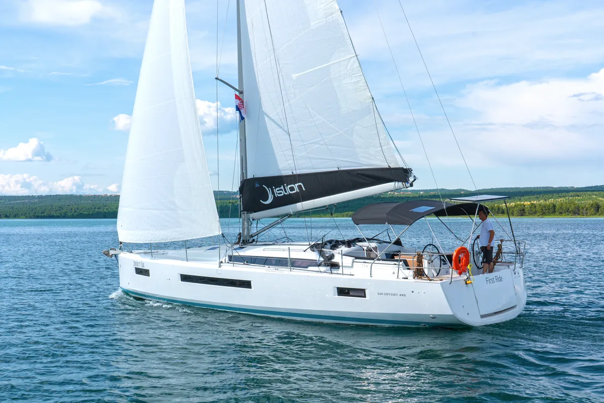 Exterior view of First Ride, a Jeanneau Sun Odyssey 490 sailboat at Skradin, Croatia