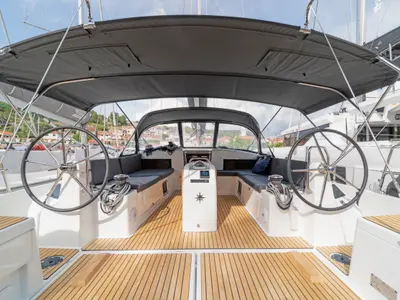 Cockpit of First Ride, a Jeanneau Sun Odyssey 490 sailboat at Skradin, Croatia