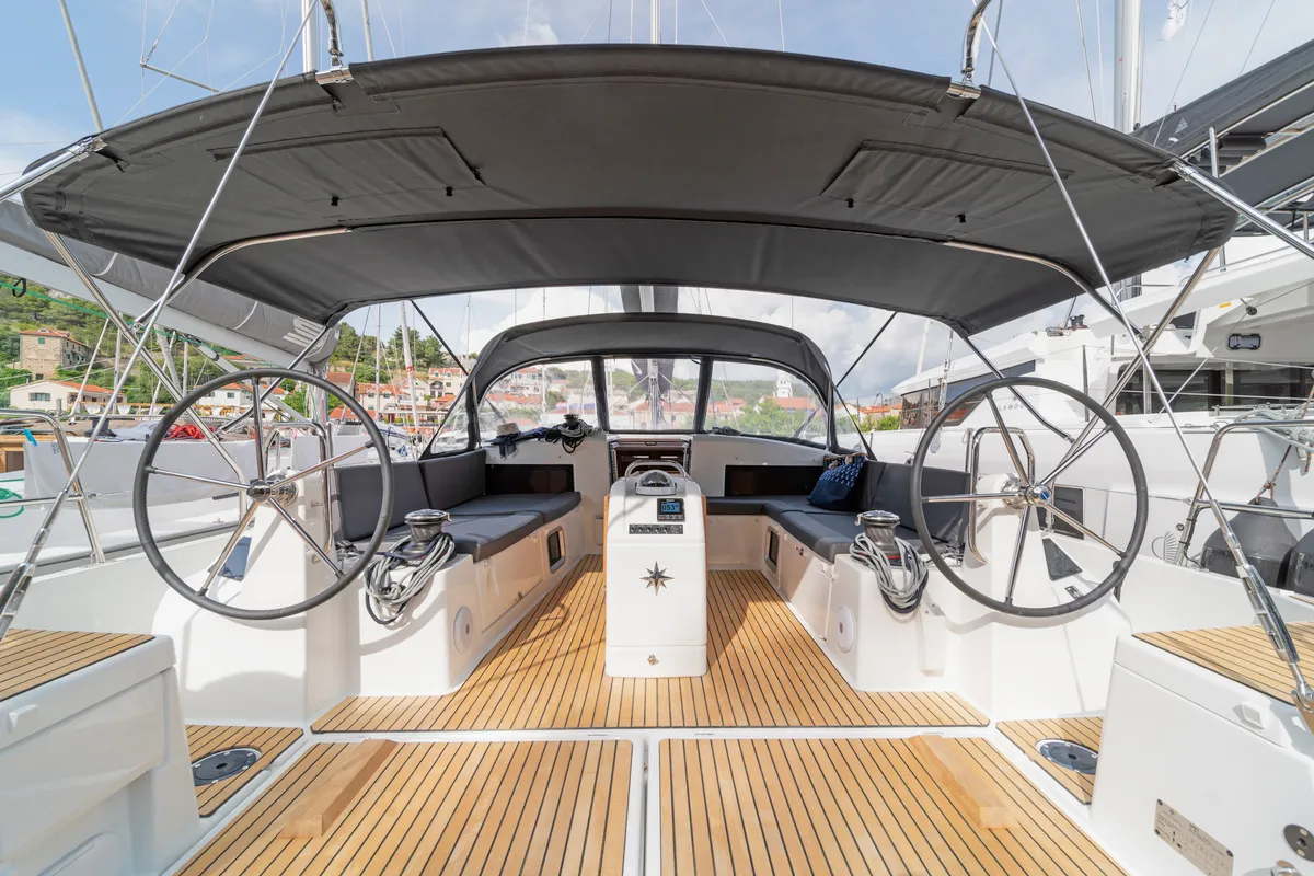Cockpit of First Ride, a Jeanneau Sun Odyssey 490 sailboat at Skradin, Croatia