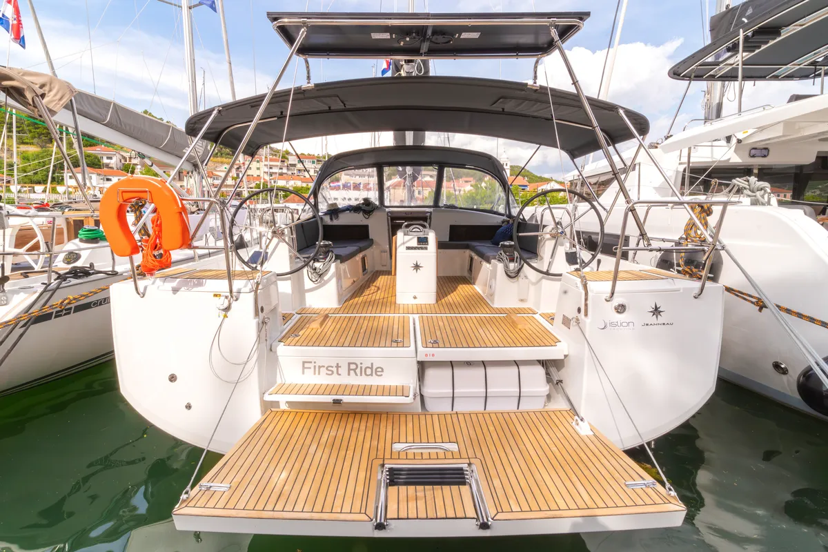 Deck of First Ride, a Jeanneau Sun Odyssey 490 sailboat at Skradin, Croatia