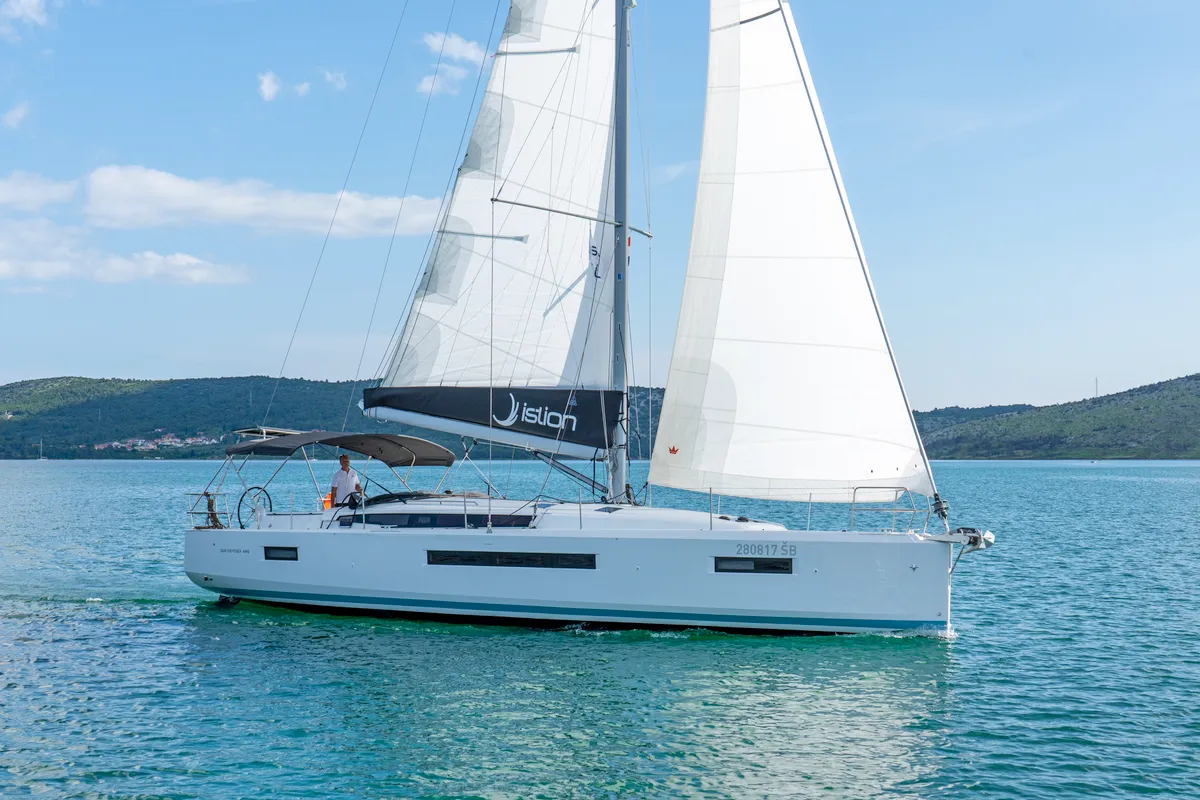 Exterior view of First Ride, a Jeanneau Sun Odyssey 490 sailboat at Skradin, Croatia