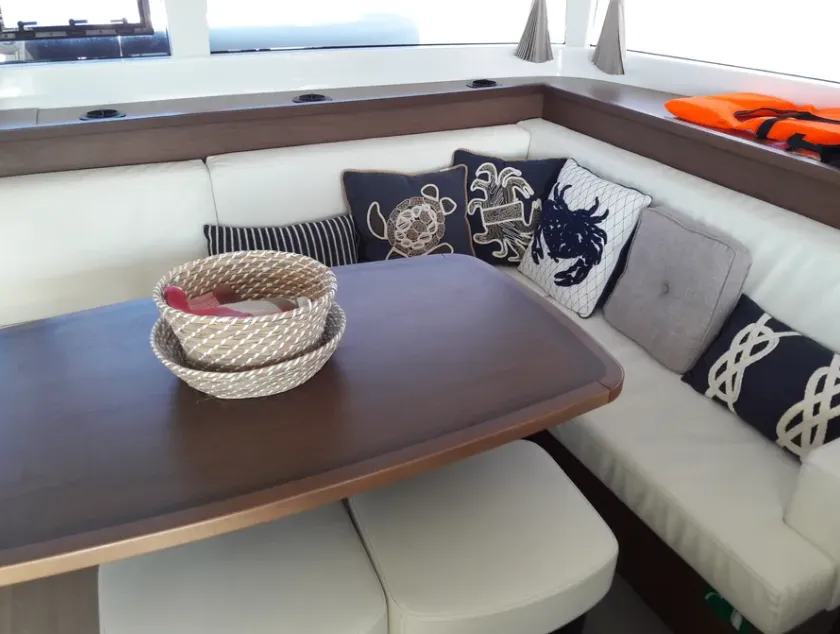 Salon of Solstice, a Lagoon 450 F catamaran at Athens, Greece