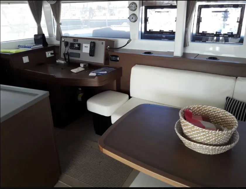 Salon of Solstice, a Lagoon 450 F catamaran at Athens, Greece