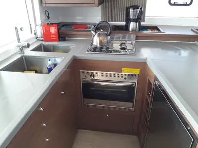 Galley of Solstice, a Lagoon 450 F catamaran at Athens, Greece