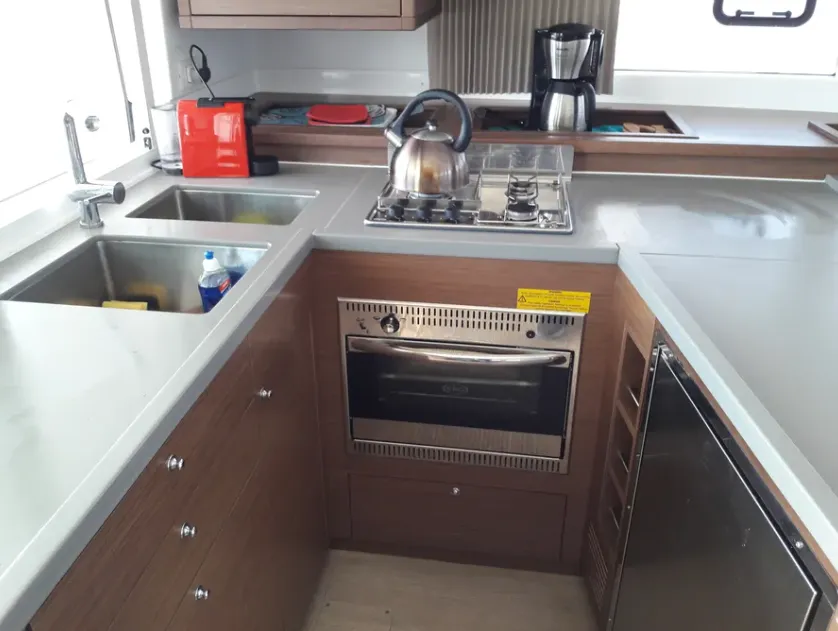 Galley of Solstice, a Lagoon 450 F catamaran at Athens, Greece