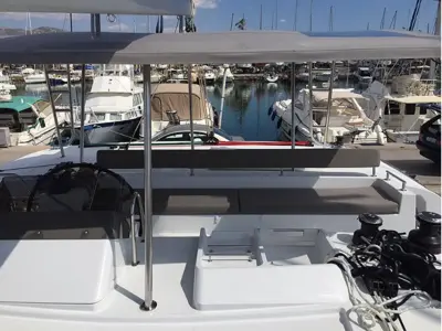 Cockpit of Solstice, a Lagoon 450 F catamaran at Athens, Greece