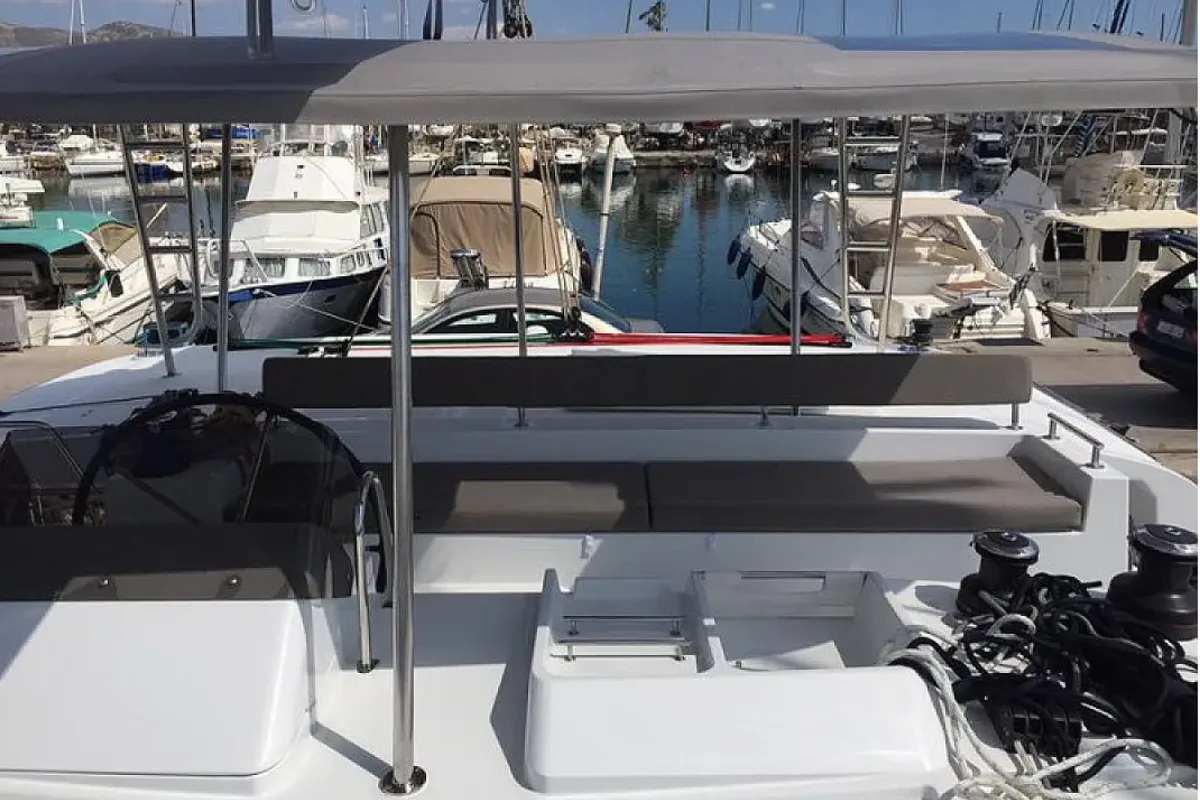 Cockpit of Solstice, a Lagoon 450 F catamaran at Athens, Greece