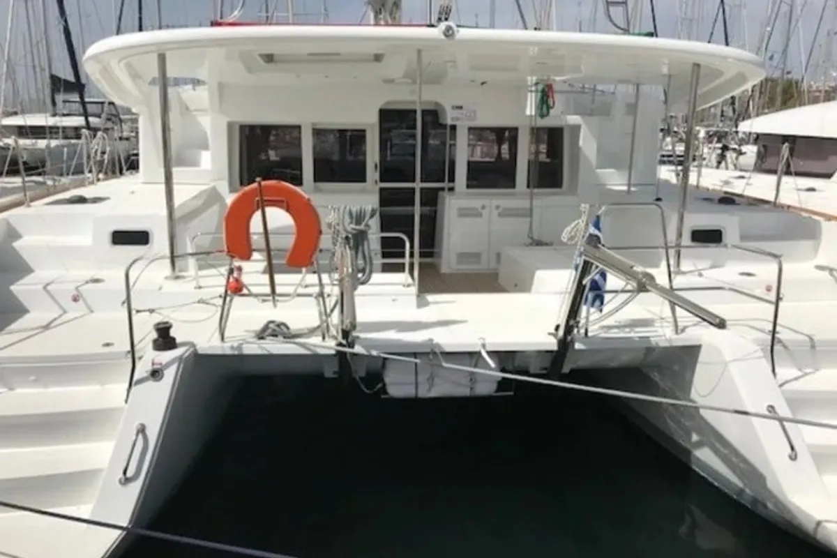 Exterior view of Solstice, a Lagoon 450 F catamaran at Athens, Greece