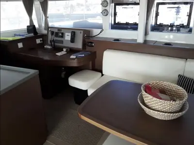 Salon of Solstice, a Lagoon 450 F catamaran at Athens, Greece