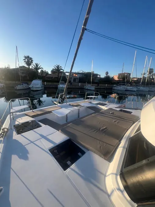 Deck of Vichi, a Bali Catspace catamaran at Palermo, Italy