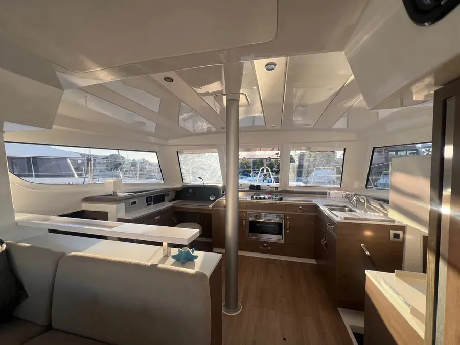 Cockpit of Vichi, a Bali Catspace catamaran at Palermo, Italy