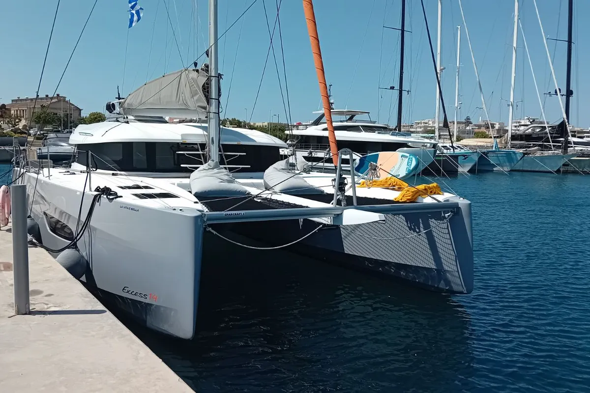 Exterior view of La Vita e Bella, a Excess 14 catamaran at Municipal Unit of Rhodes, Greece