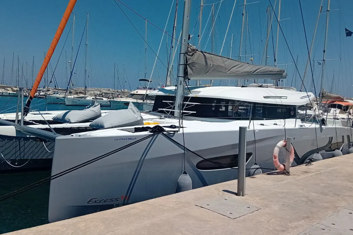 Exterior view of La Vita e Bella, a Excess 14 catamaran at Municipal Unit of Rhodes, Greece