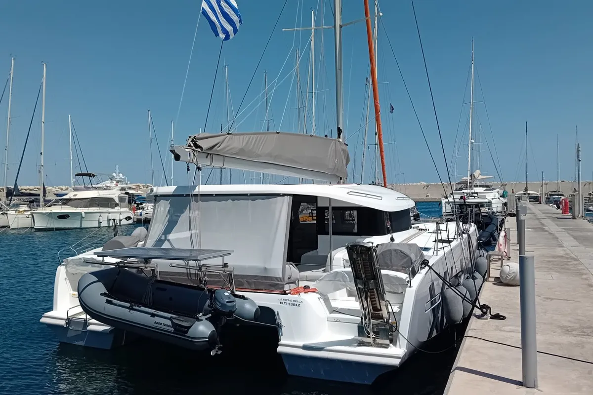 Exterior view of La Vita e Bella, a Excess 14 catamaran at Municipal Unit of Rhodes, Greece