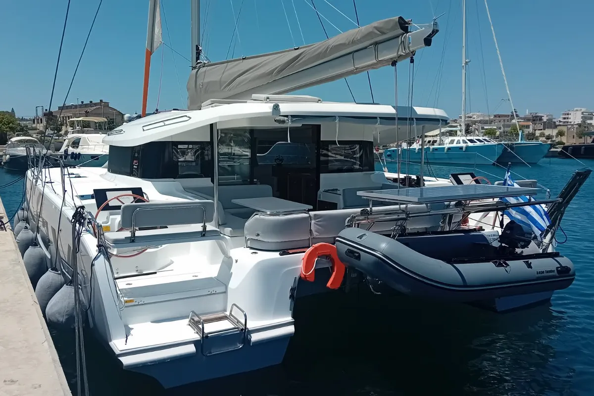 Exterior view of La Vita e Bella, a Excess 14 catamaran at Municipal Unit of Rhodes, Greece