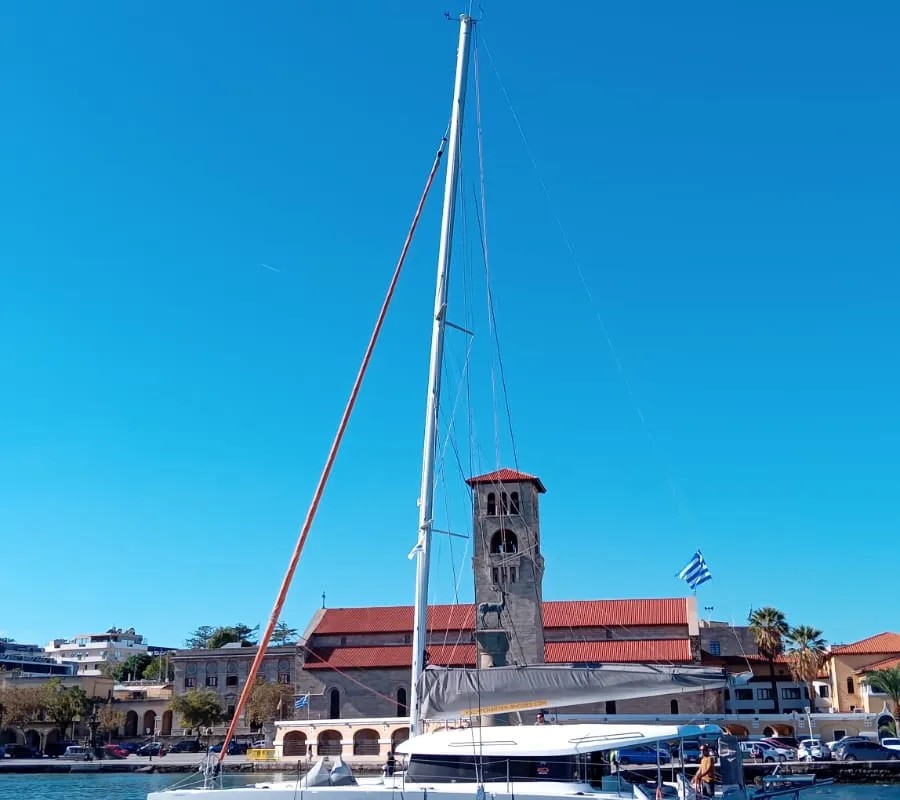 Exterior view of La Vita e Bella, a Excess 14 catamaran at Municipal Unit of Rhodes, Greece