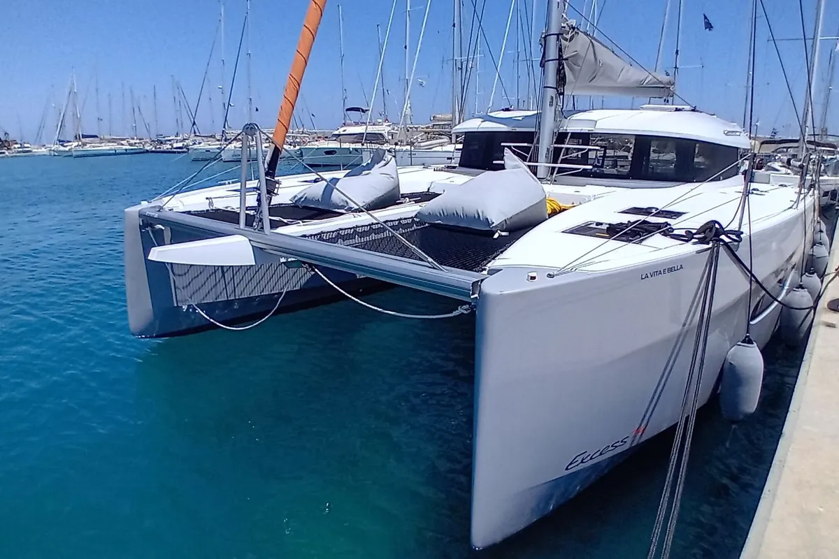 Exterior view of La Vita e Bella, a Excess 14 catamaran at Municipal Unit of Rhodes, Greece