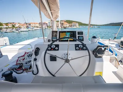 Cockpit of Freya, a Dufour 48 Catamaran catamaran at Pirovac, Croatia