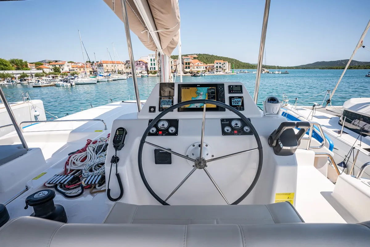 Cockpit of Freya, a Dufour 48 Catamaran catamaran at Pirovac, Croatia