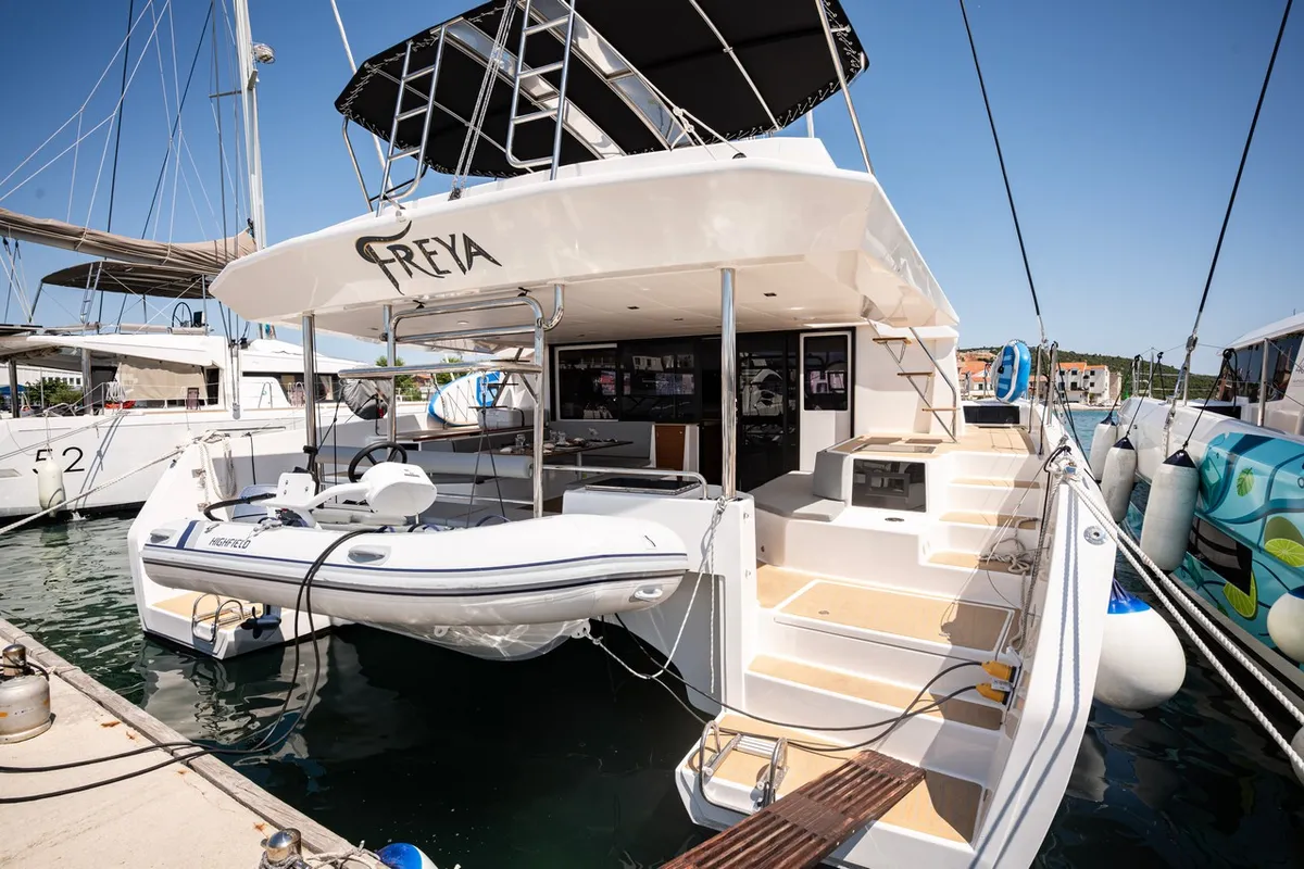 Exterior view of Freya, a Dufour 48 Catamaran catamaran at Pirovac, Croatia