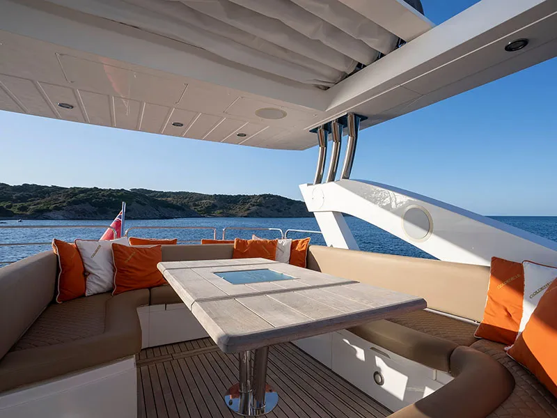 Deck of Goldeneye, a Sunseeker Manhattan 73 motor yacht at Grad Šibenik, Croatia