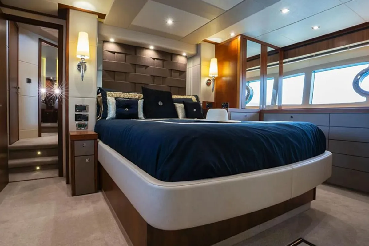 Cabin on Goldeneye, a Sunseeker Manhattan 73 motor yacht at Grad Šibenik, Croatia