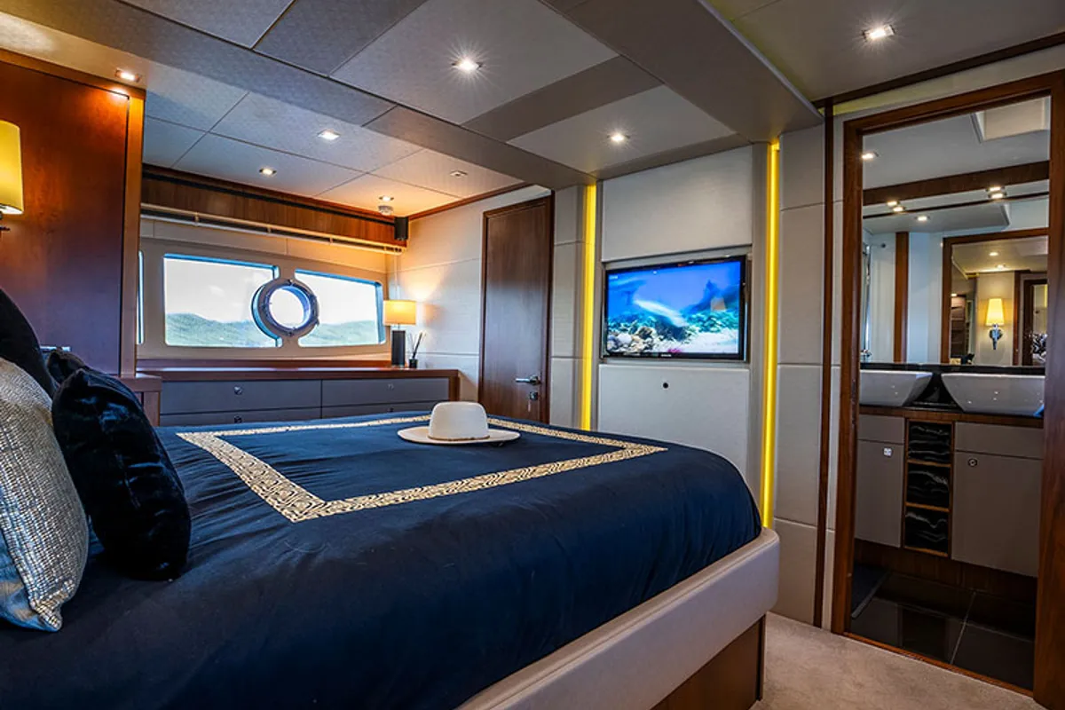 Cabin on Goldeneye, a Sunseeker Manhattan 73 motor yacht at Grad Šibenik, Croatia