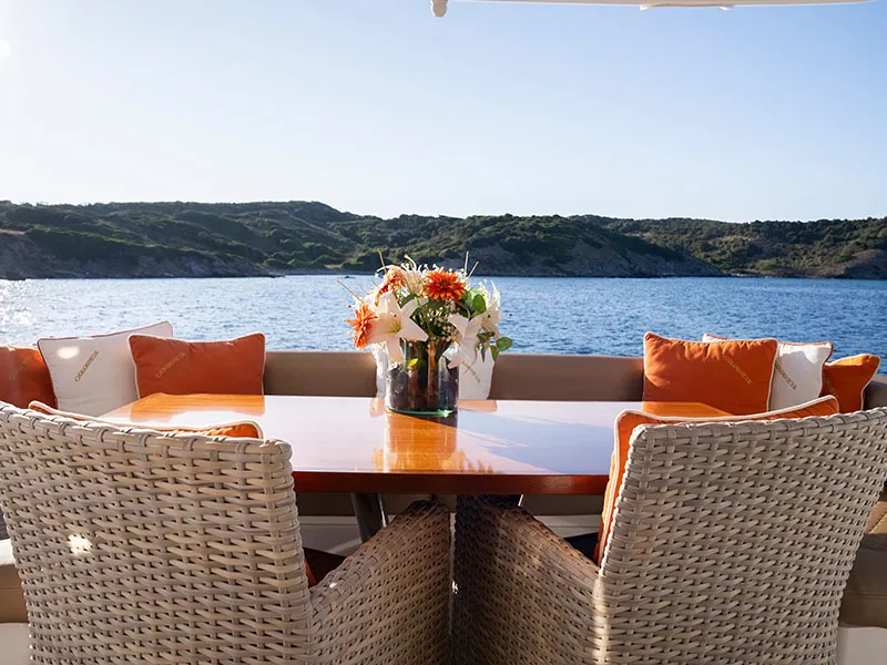 Deck of Goldeneye, a Sunseeker Manhattan 73 motor yacht at Grad Šibenik, Croatia