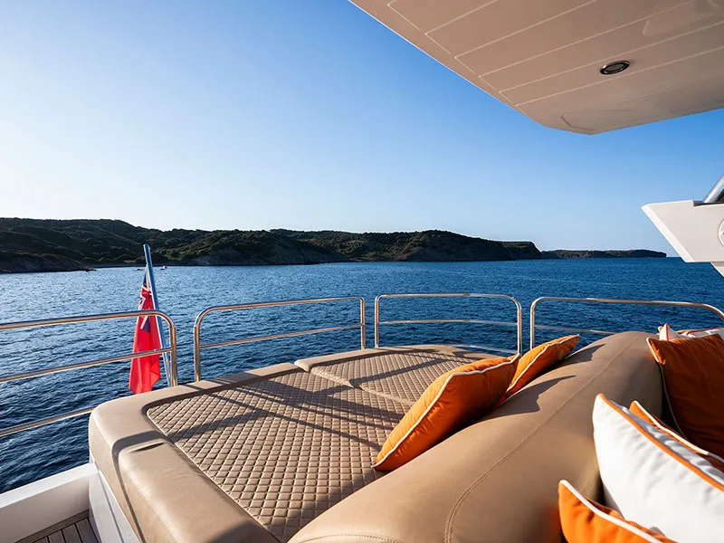 Deck of Goldeneye, a Sunseeker Manhattan 73 motor yacht at Grad Šibenik, Croatia