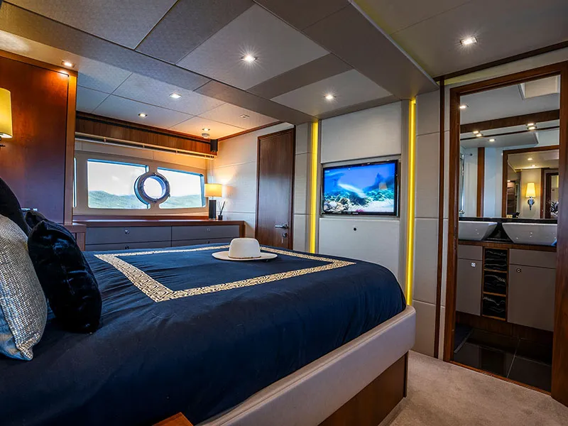 Cabin on Goldeneye, a Sunseeker Manhattan 73 motor yacht at Grad Šibenik, Croatia