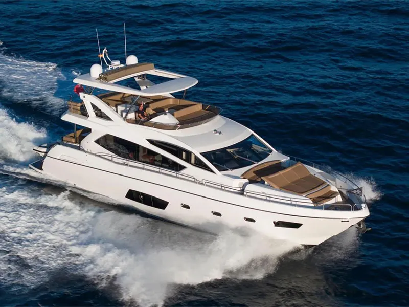 Exterior view of Goldeneye, a Sunseeker Manhattan 73 motor yacht at Grad Šibenik, Croatia