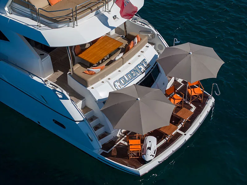 Exterior view of Goldeneye, a Sunseeker Manhattan 73 motor yacht at Grad Šibenik, Croatia