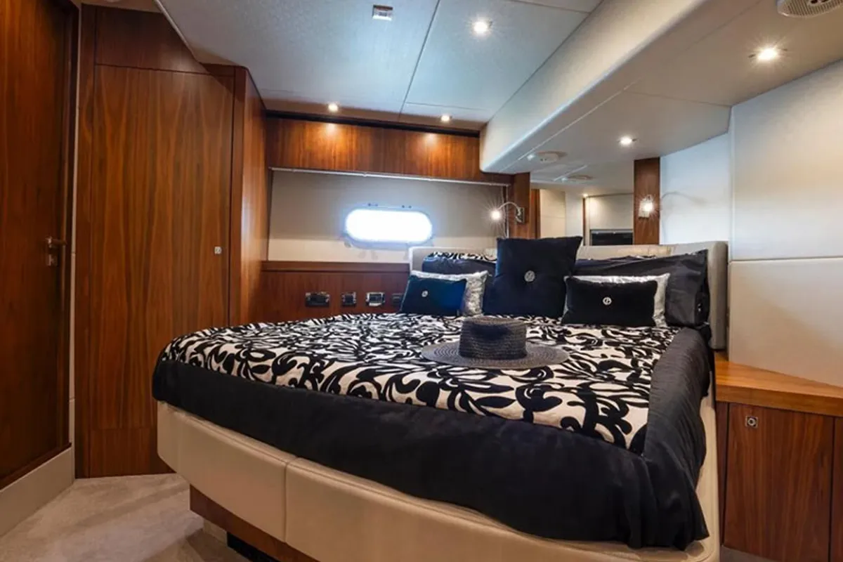 Cabin on Goldeneye, a Sunseeker Manhattan 73 motor yacht at Grad Šibenik, Croatia