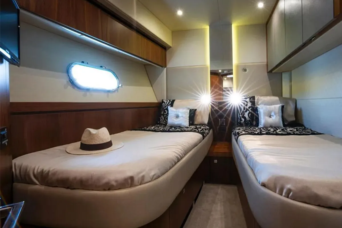 Cabin on Goldeneye, a Sunseeker Manhattan 73 motor yacht at Grad Šibenik, Croatia