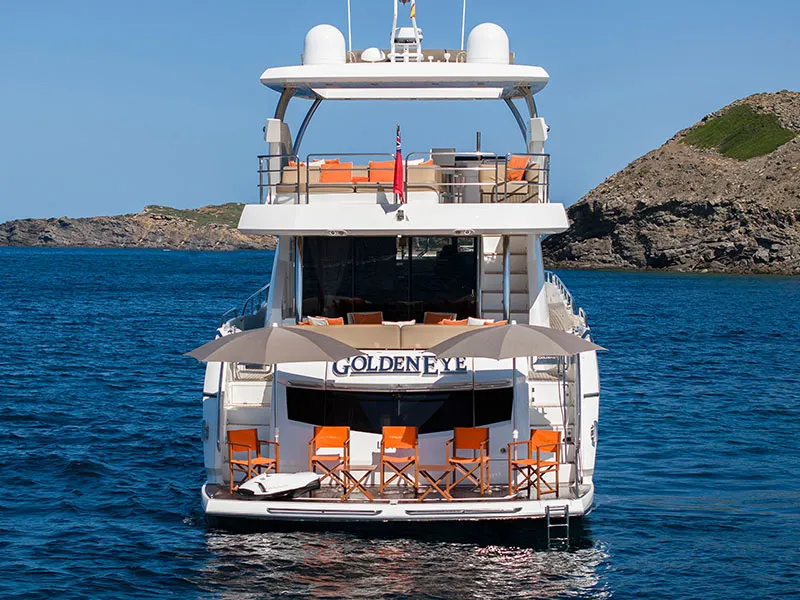 Exterior view of Goldeneye, a Sunseeker Manhattan 73 motor yacht at Grad Šibenik, Croatia