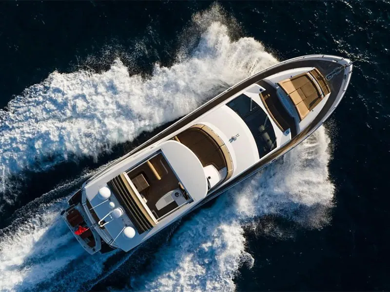 Exterior view of Goldeneye, a Sunseeker Manhattan 73 motor yacht at Grad Šibenik, Croatia