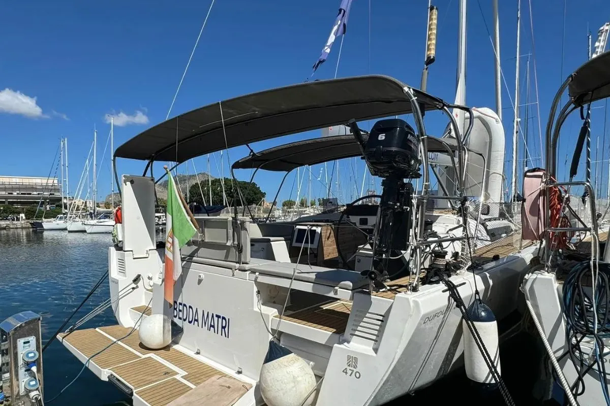 Exterior view of Bedda Matri, a Dufour 470 sailboat at Palermo, Italy