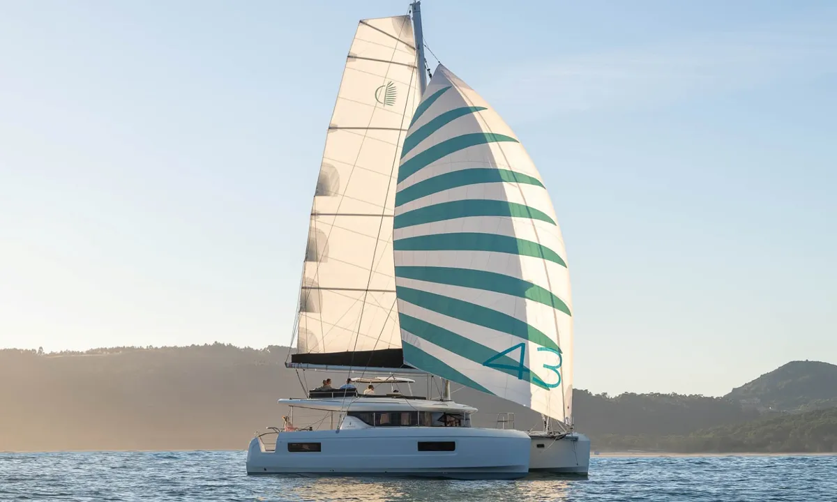 Exterior view of Anassa, a Lagoon 43 catamaran at Athens, Greece