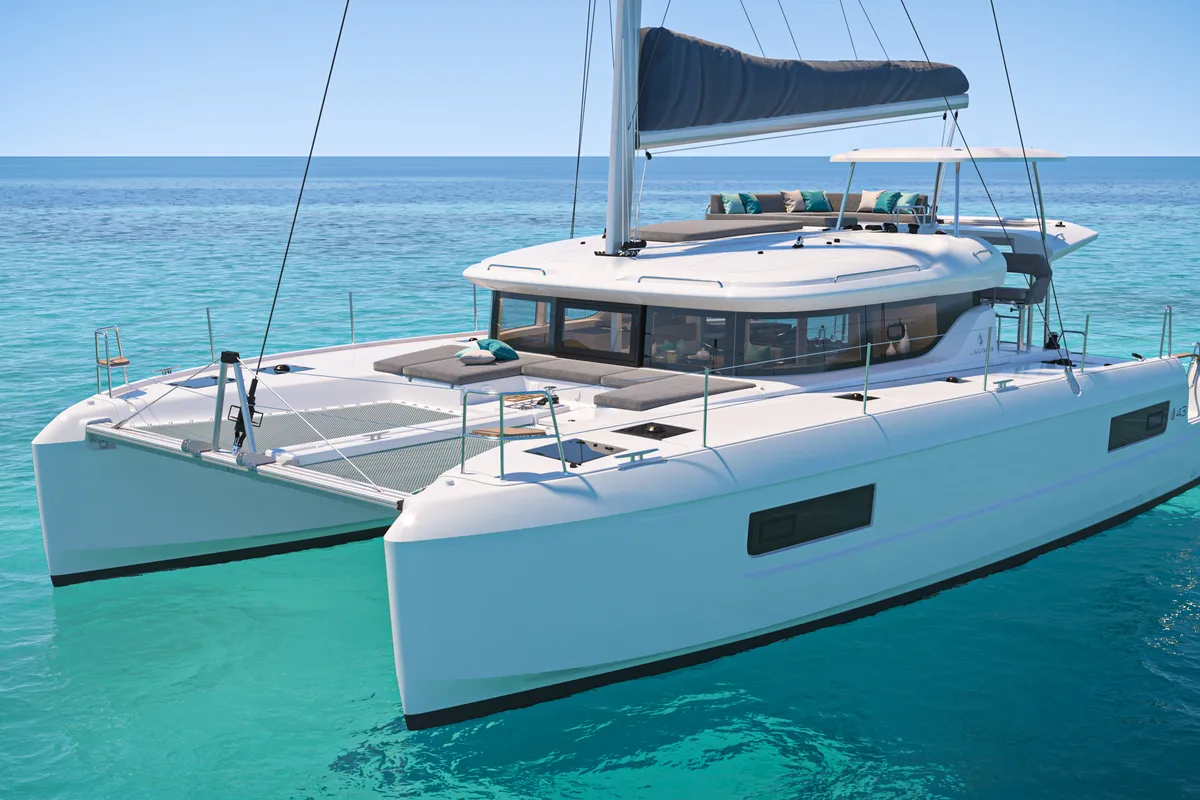 Exterior view of Anassa, a Lagoon 43 catamaran at Athens, Greece