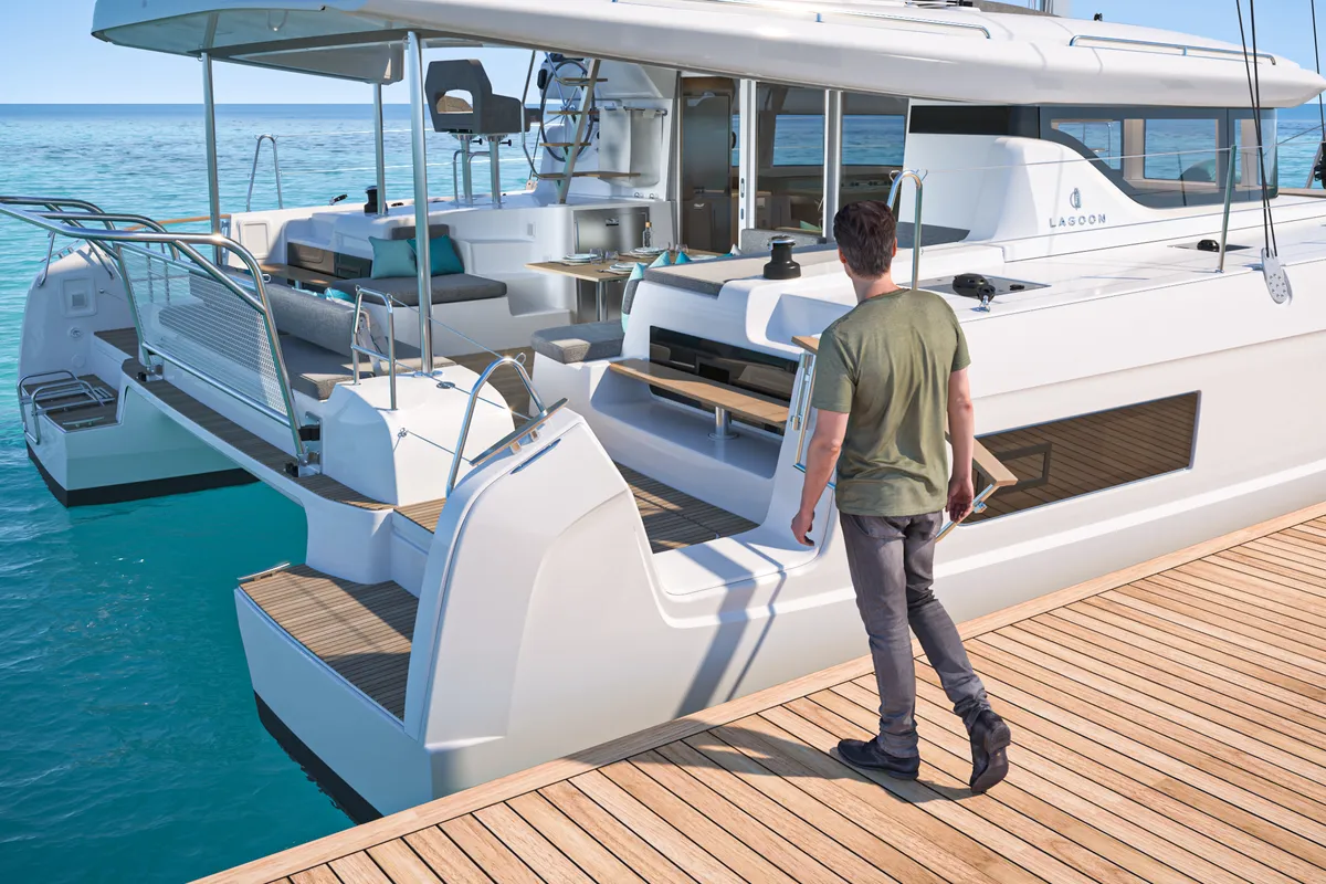 Exterior view of Anassa, a Lagoon 43 catamaran at Athens, Greece